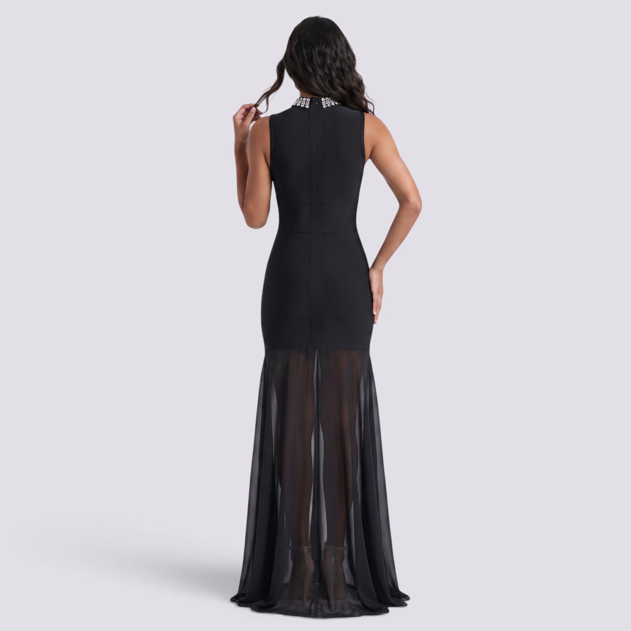 Vestido Largo Fiesta Pedrería Cuello Alto