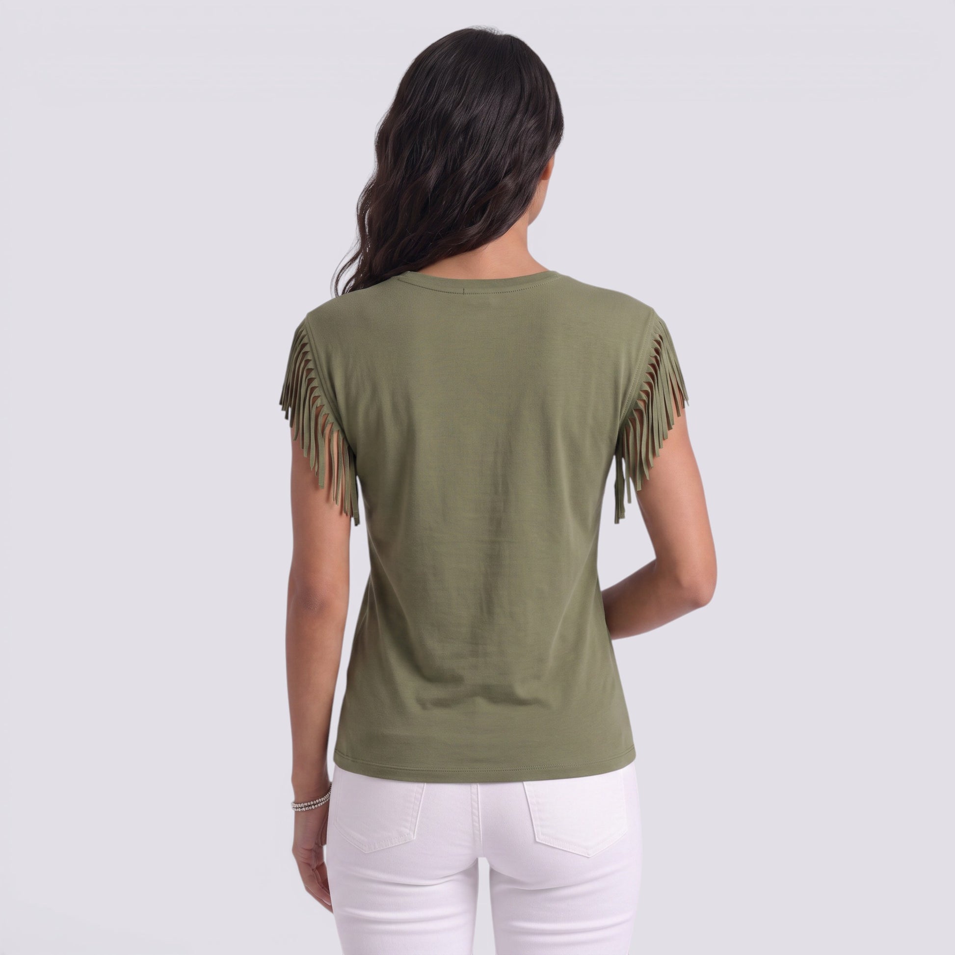 Camiseta Mujer Manga Corta Puños Borlas Camiseta con Flecos
