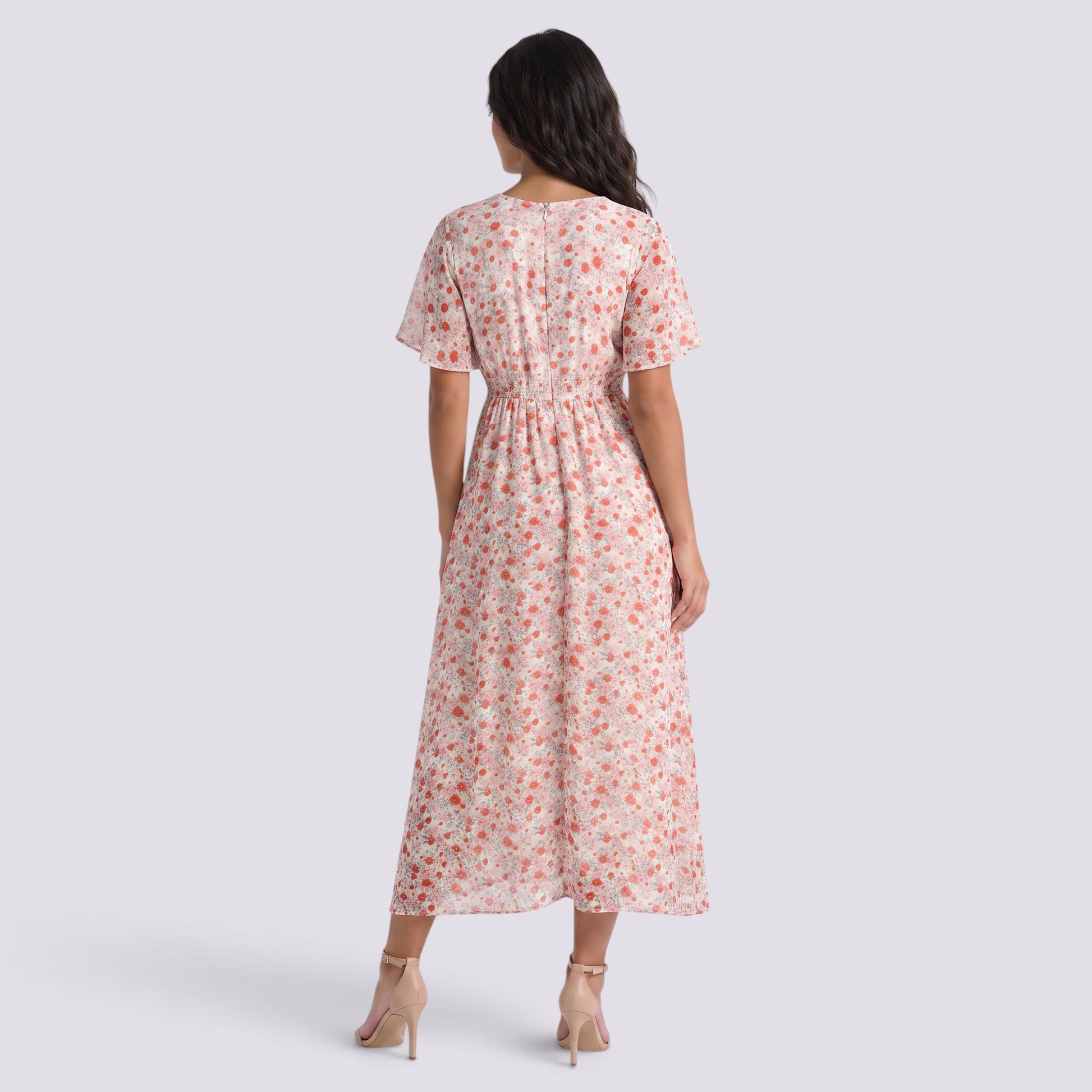 Vestido Largo Floral Mujer Cintura Fruncida