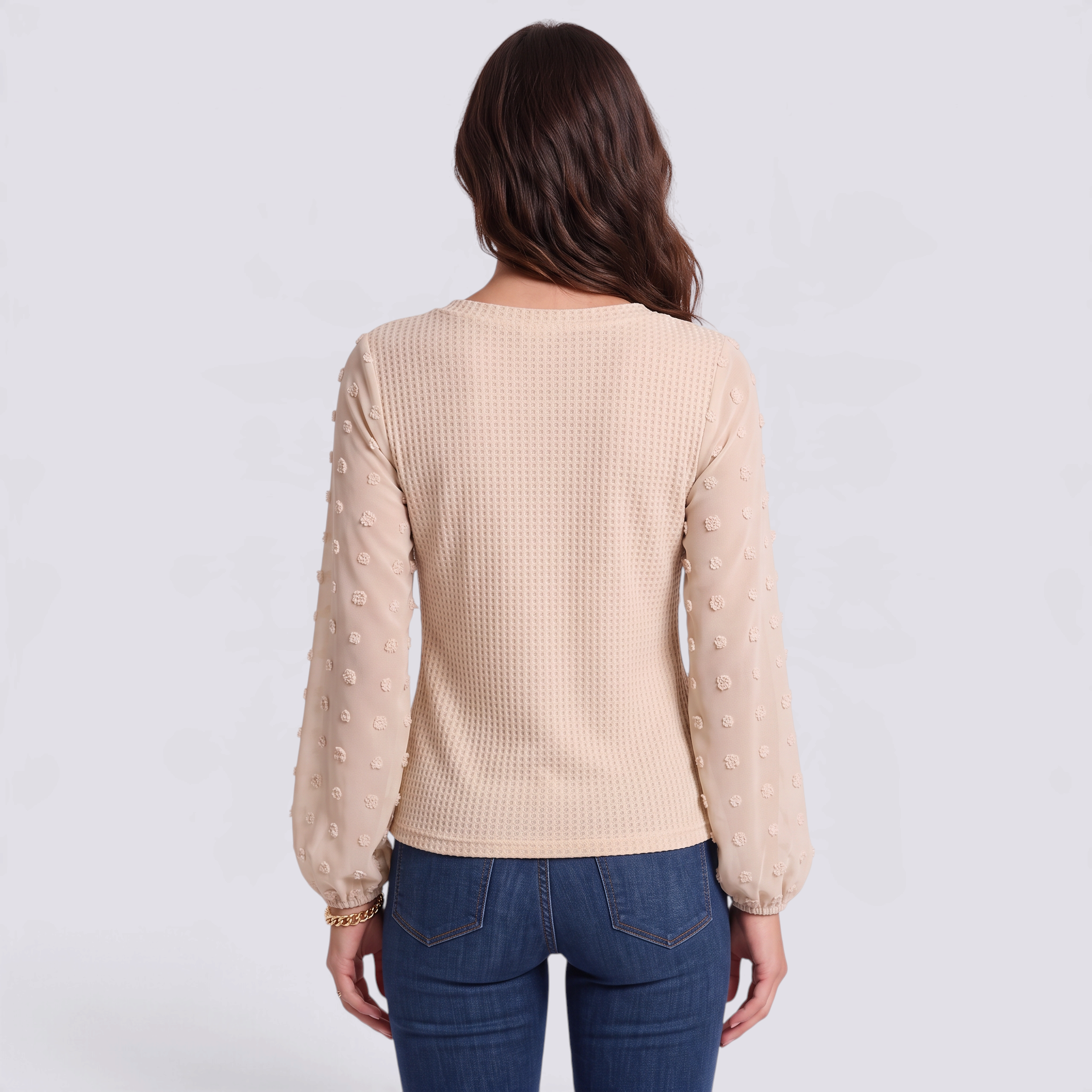 Blusa mujer beige de punto waffle con mangas de plumeti, espalda lisa, vista trasera