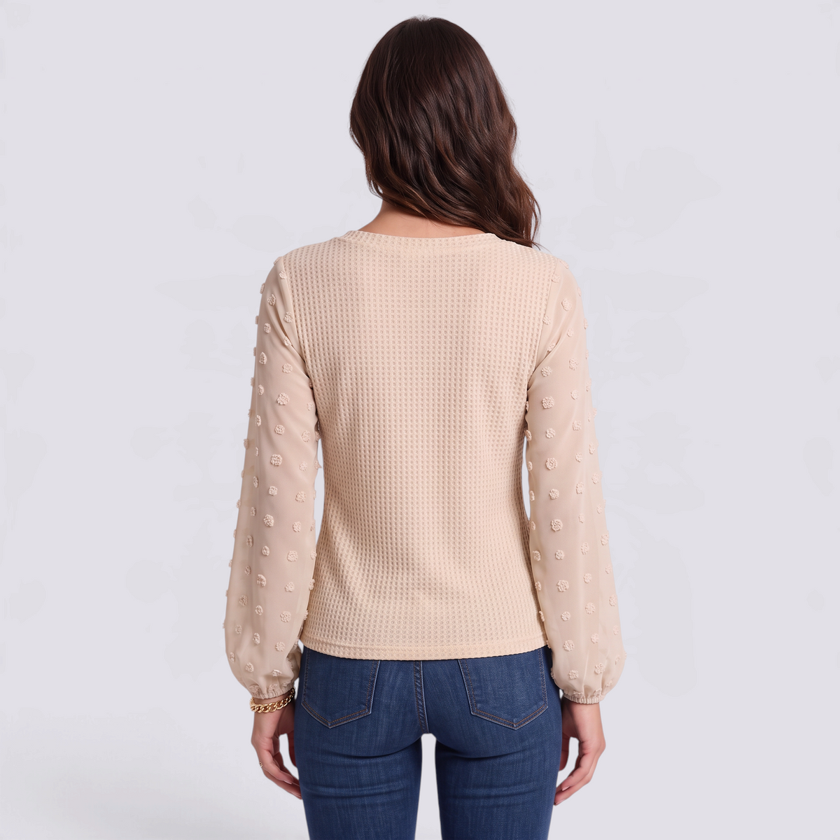 Blusa mujer beige de punto waffle con mangas de plumeti, espalda lisa, vista trasera