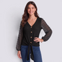Blusa mujer negro de punto waffle con mangas de plumeti, botones y nudo en el bajo, vista frontal