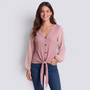 Blusa mujer rosa de punto waffle con mangas de plumeti, botones y nudo en el bajo, vista frontal