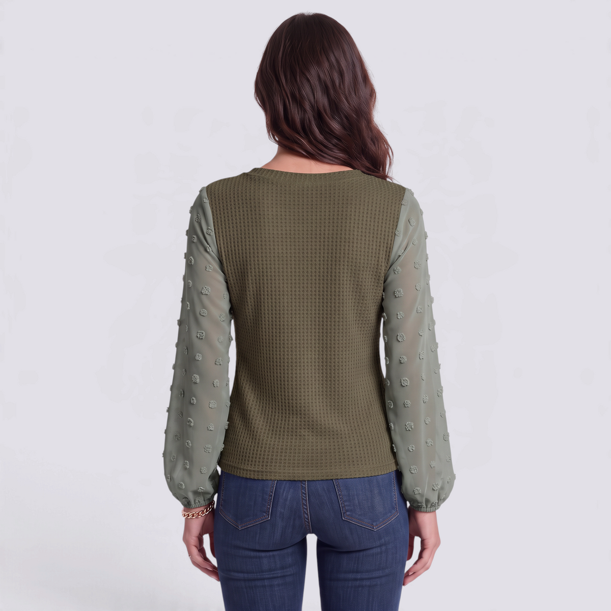 Blusa mujer verde de punto waffle con mangas de plumeti, espalda lisa, vista trasera