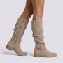 Botas Altas Mujer Caña Arrugada Efecto Ante - Beige - vista lateral