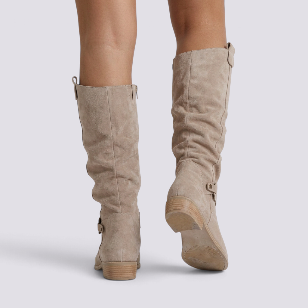 Botas Altas Mujer Caña Arrugada Efecto Ante - Beige - vista trasera