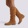 Botas Altas Mujer Caña Arrugada Efecto Ante - Camel - vista lateral