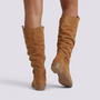 Botas Altas Mujer Caña Arrugada Efecto Ante - Camel - vista trasera