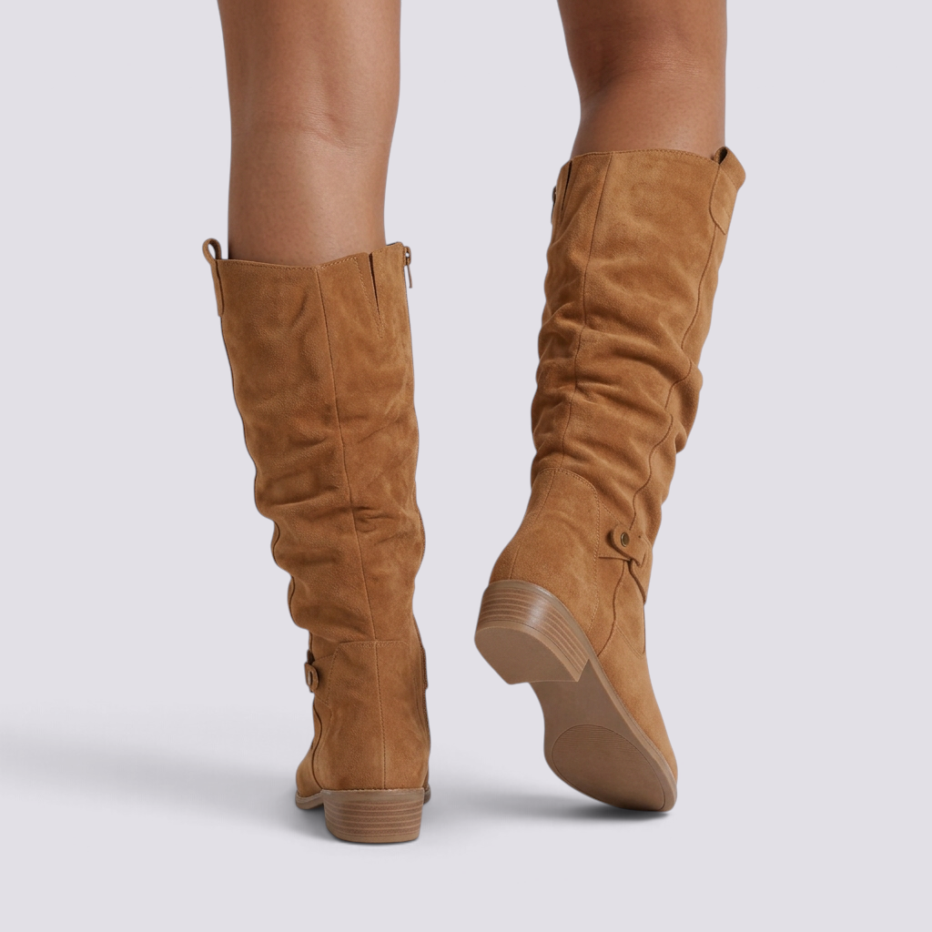 Botas Altas Mujer Caña Arrugada Efecto Ante - Camel - vista trasera