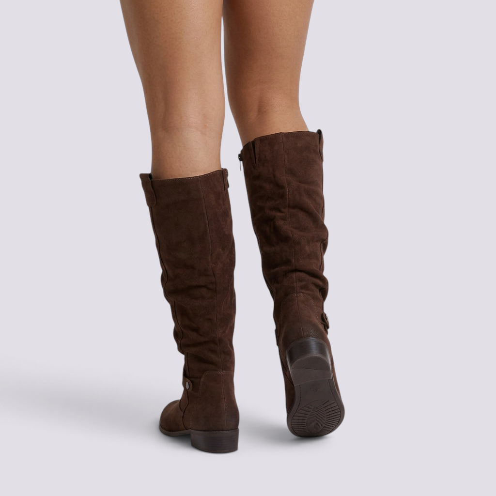 Botas Altas Mujer Caña Arrugada Efecto Ante - Marrón Oscuro - vista trasera