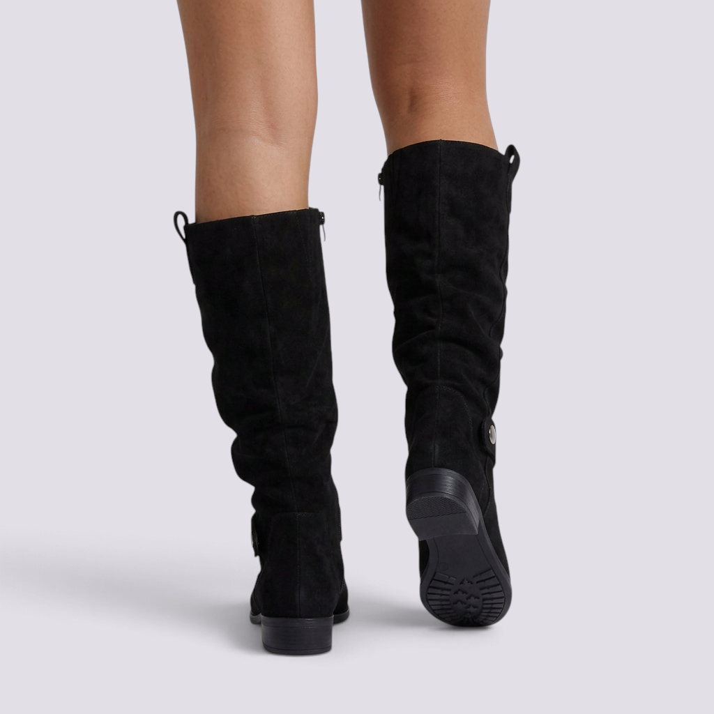 Botas Altas Mujer Caña Arrugada Efecto Ante - Negro - vista trasera