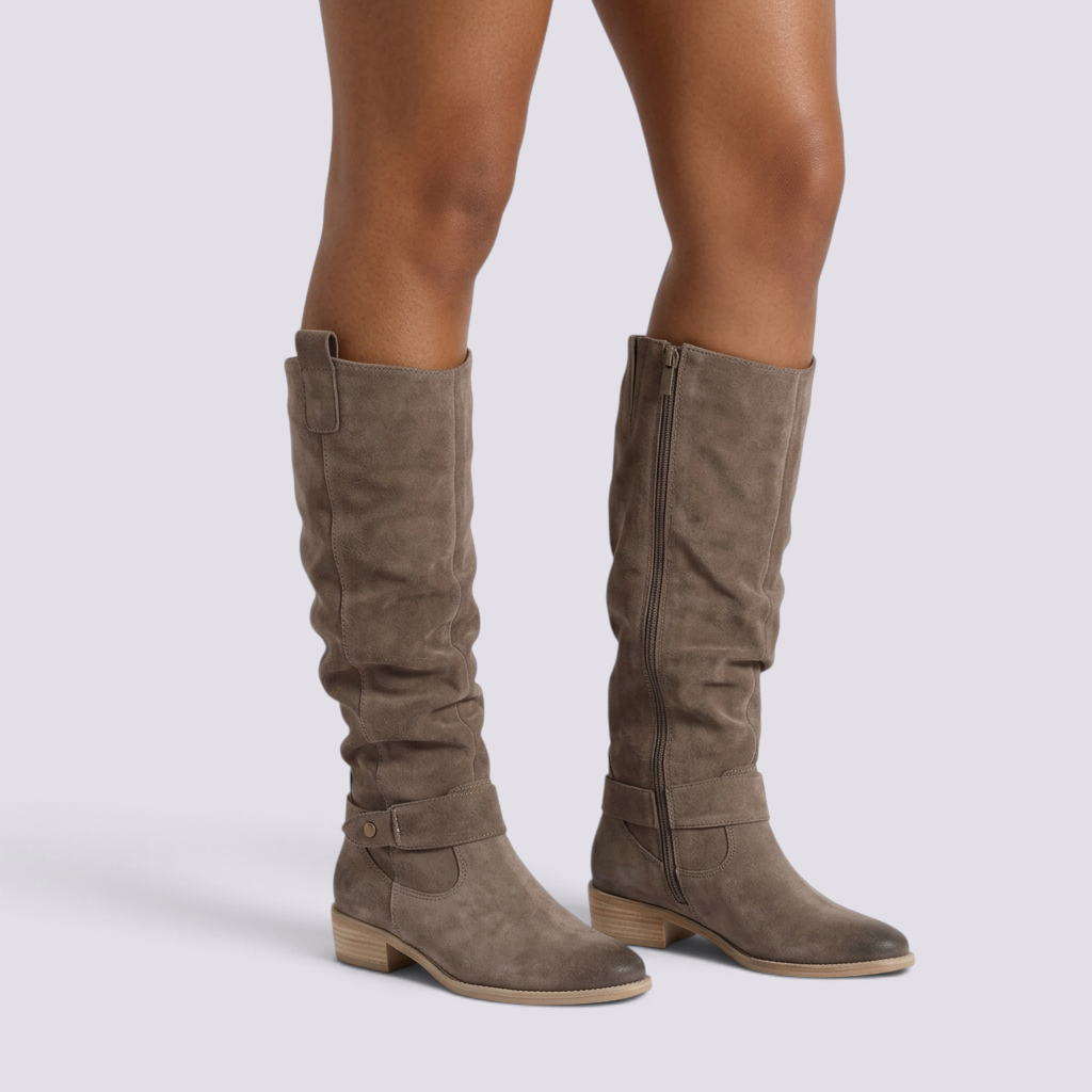 Botas Altas Mujer Caña Arrugada Efecto Ante - Topo - vista frontal