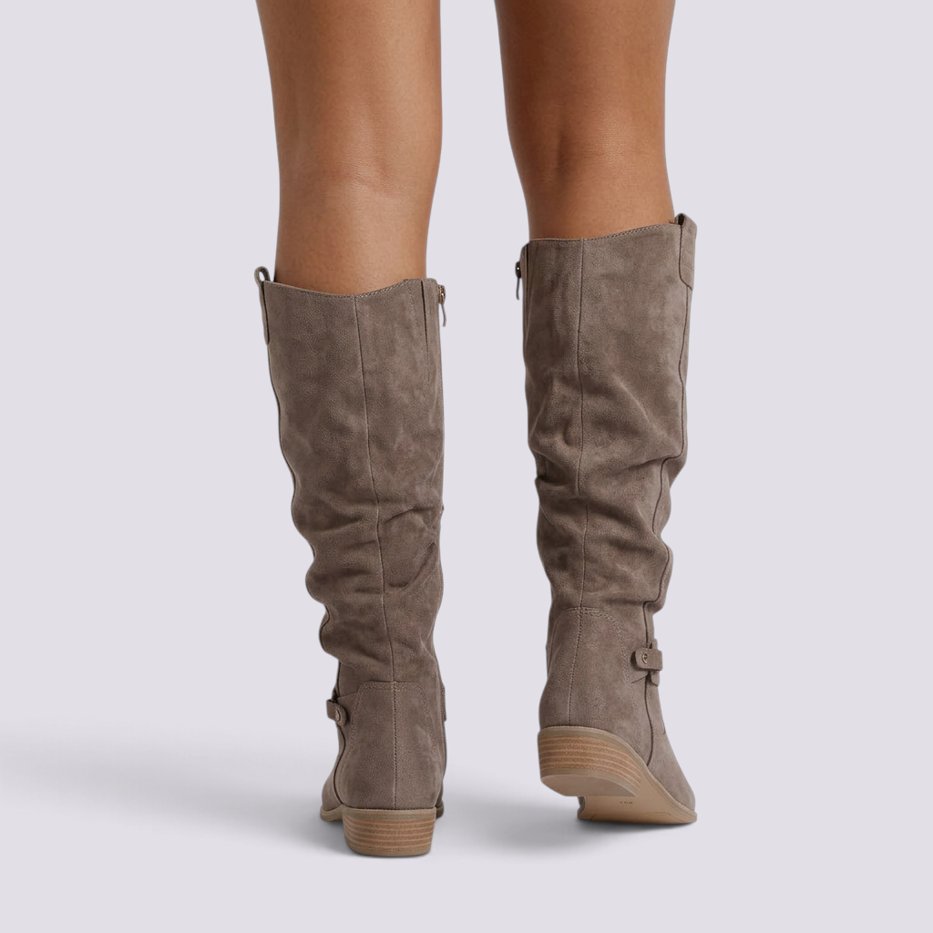 Botas Altas Mujer Caña Arrugada Efecto Ante - Topo - vista trasera