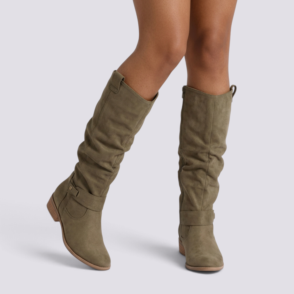 Botas Altas Mujer Caña Arrugada Efecto Ante - Verde Militar - vista frontal