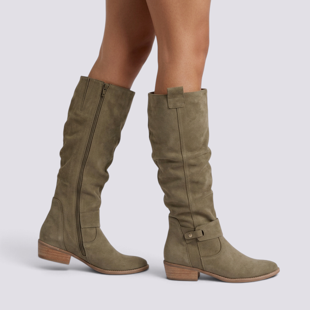 Botas Altas Mujer Caña Arrugada Efecto Ante - Verde Militar - vista lateral