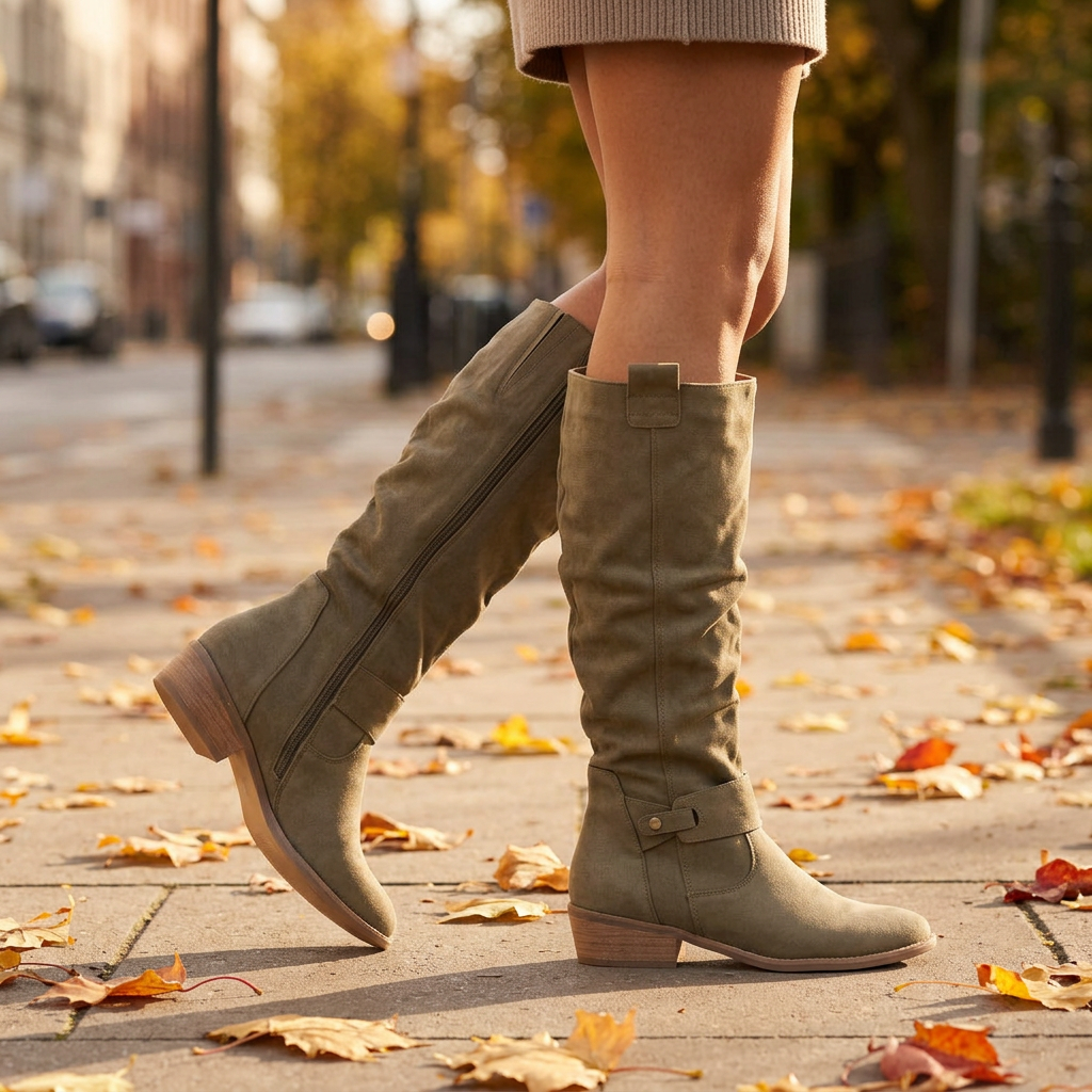 Botas Altas Mujer Caña Arrugada Efecto Ante - Verde Militar - lifestyle otoño