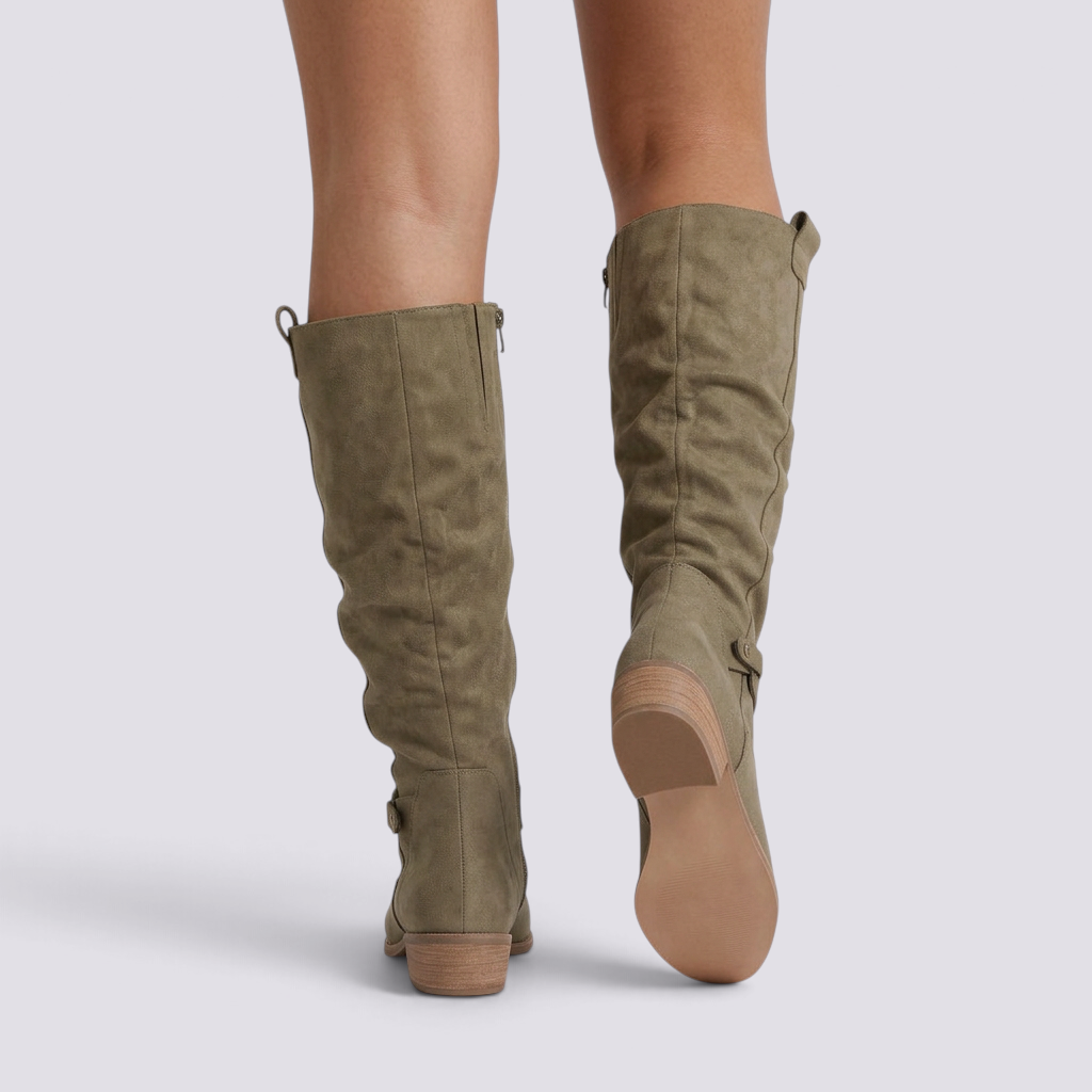 Botas Altas Mujer Caña Arrugada Efecto Ante - Verde Militar - vista trasera