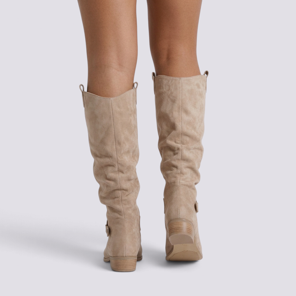 Botas Altas Mujer Slouch Tacón Bajo Beige vista trasera