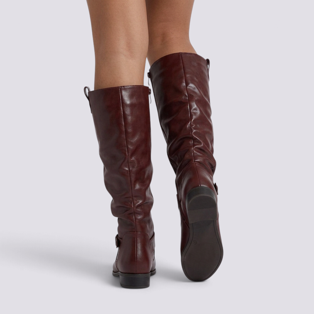Botas Altas Mujer Slouch Tacón Bajo Burdeos vista trasera
