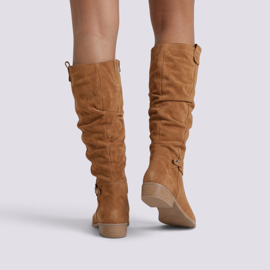 Botas Altas Mujer Slouch Tacón Bajo Camel vista trasera