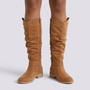 Botas Altas Mujer Slouch Tacón Bajo Camel vista frontal