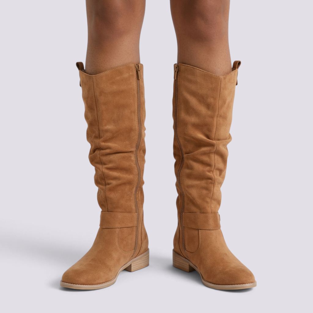 Botas Altas Mujer Slouch Tacón Bajo Camel vista frontal
