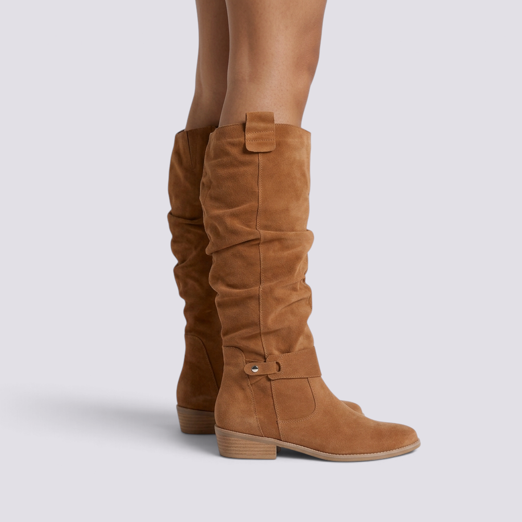 Botas Altas Mujer Slouch Tacón Bajo Camel vista lateral