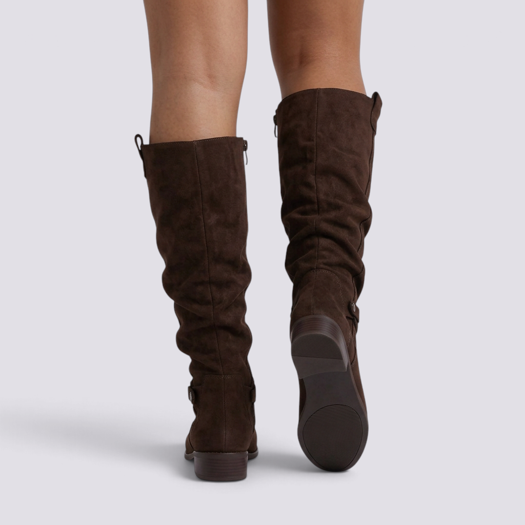 Botas Altas Mujer Slouch Tacón Bajo Marrón Oscuro vista trasera