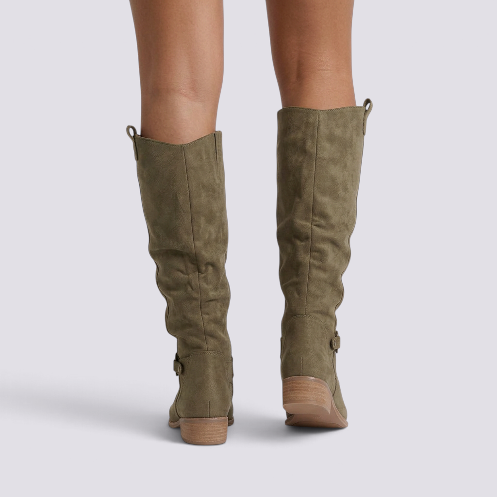 Botas Altas Mujer Slouch Tacón Bajo Verde Militar vista trasera