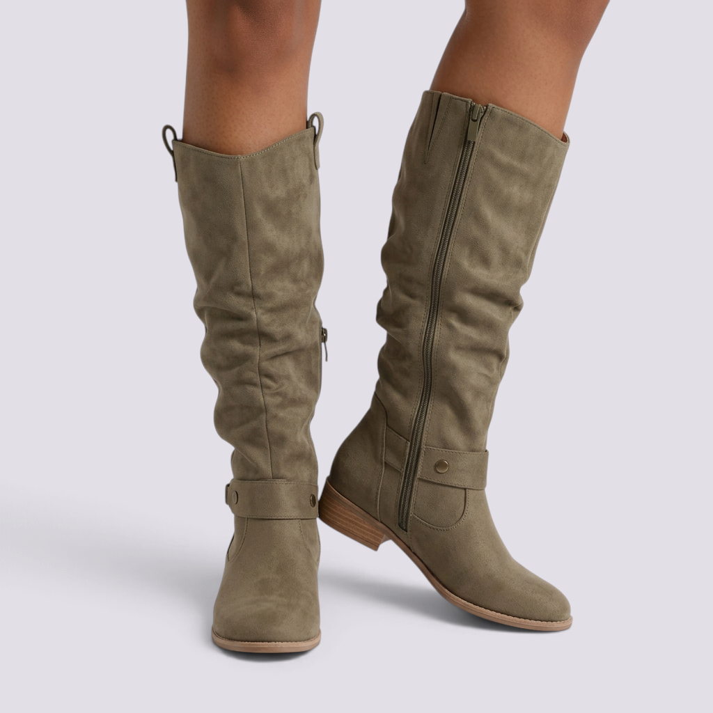 Botas Altas Mujer Slouch Tacón Bajo Verde Militar vista frontal