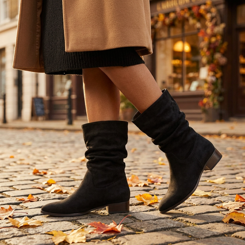 Botas caña media mujer slouch negras en una calle de otoño