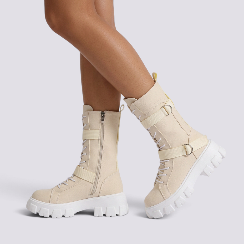 Botas militares mujer caña media beige vista lateral
