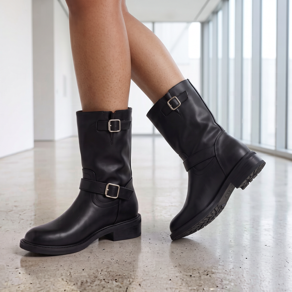 Botas negras de mujer con doble hebilla en un atrio de museo moderno