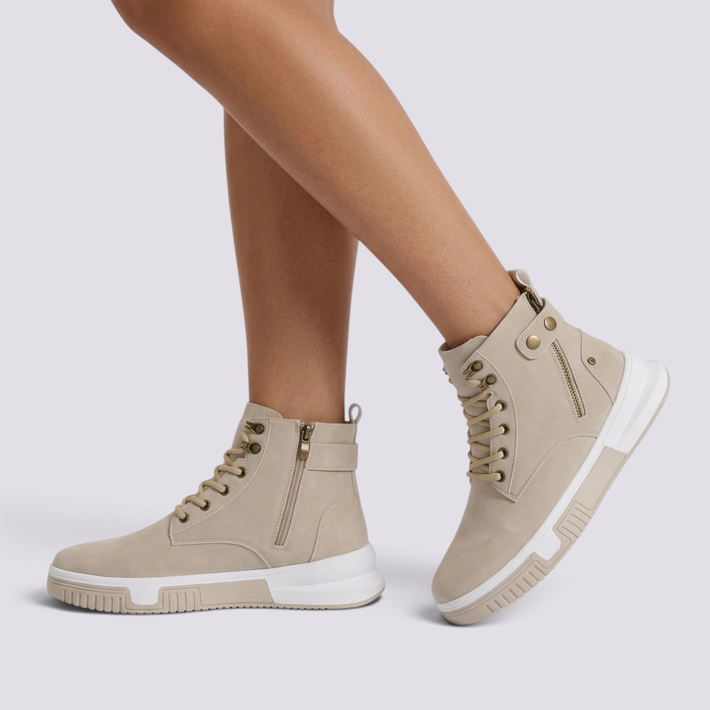 Botines Mujer Casual Efecto Ante con Cordones Beige vista lateral