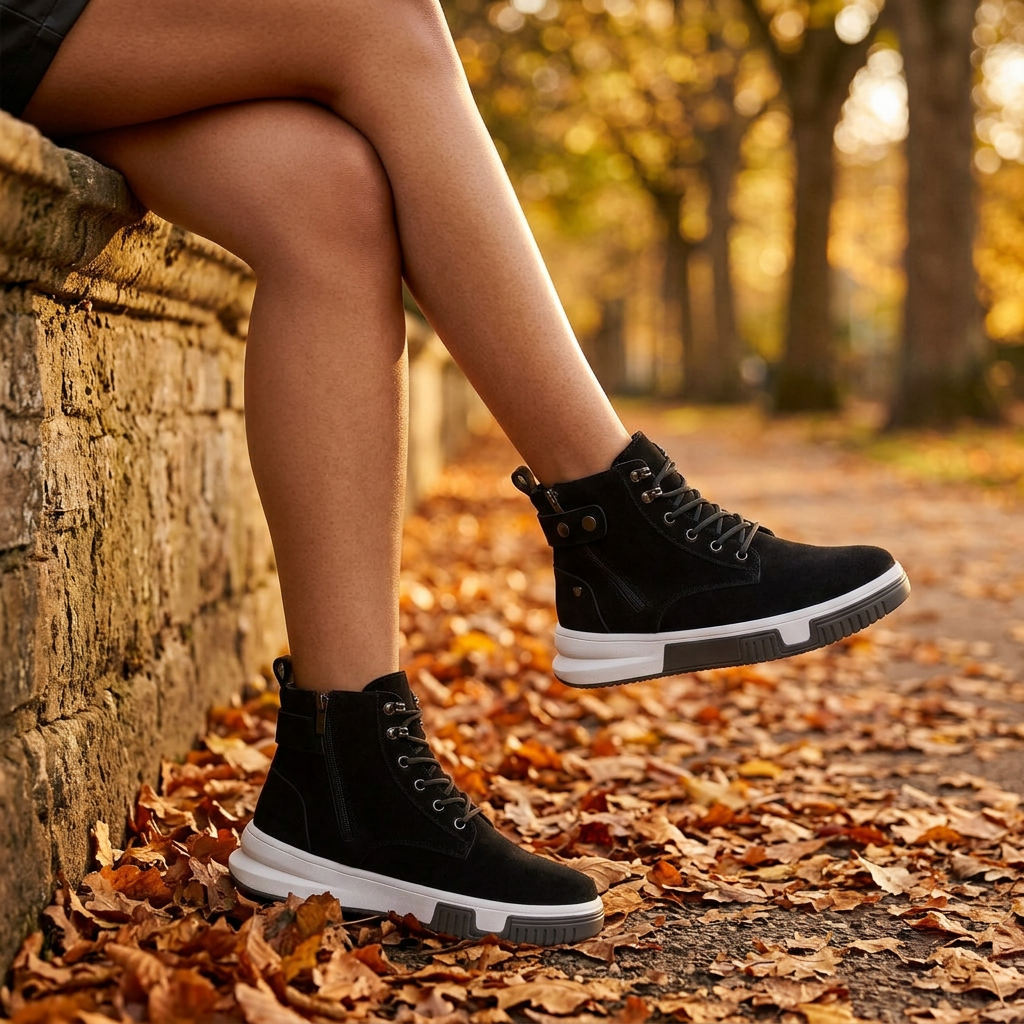 Botines Mujer Casual Efecto Ante con Cordones en un parque otoñal