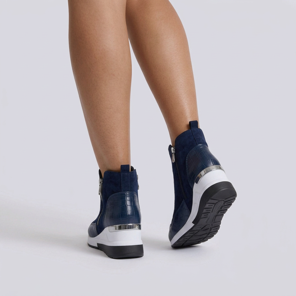 Botines Cuña Mujer Deportivos con Cremallera - Azul Marino vista trasera