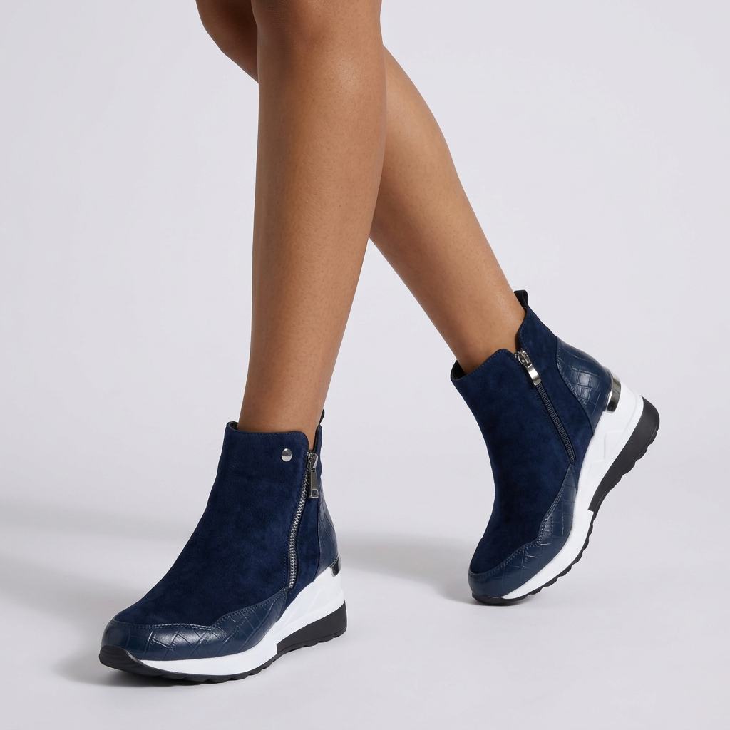 Botines Cuña Mujer Deportivos con Cremallera - Azul Marino vista frontal