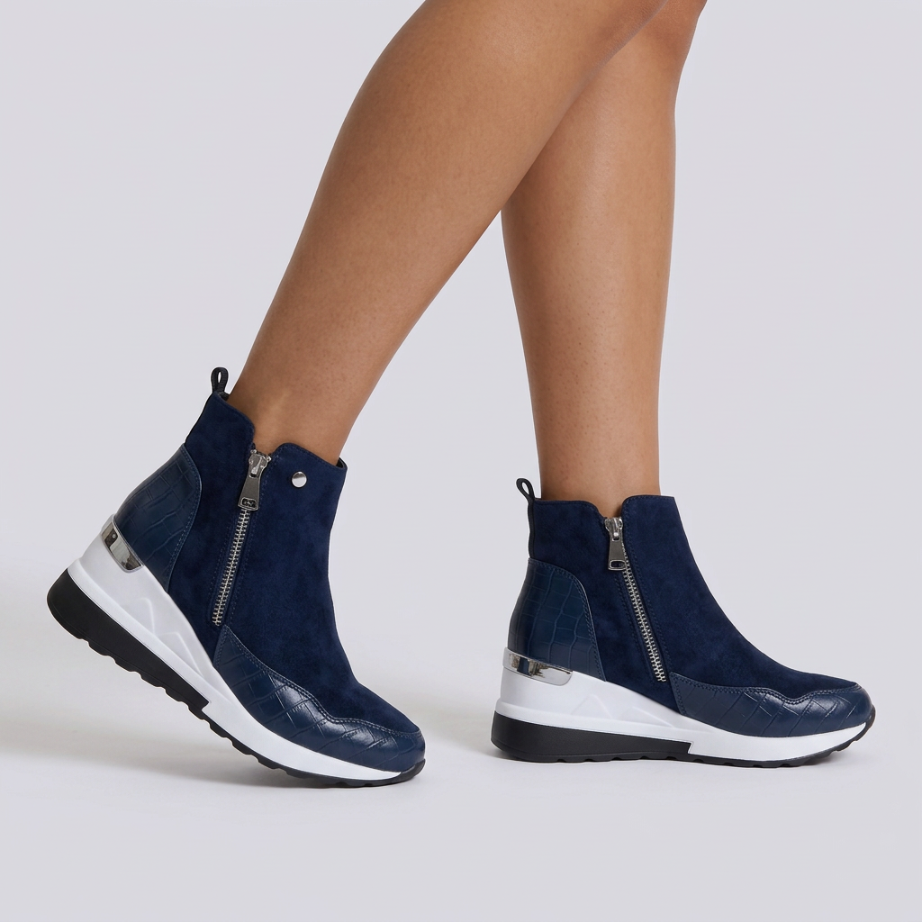 Botines Cuña Mujer Deportivos con Cremallera - Azul Marino vista lateral