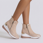 Botines Cuña Mujer Deportivos con Cremallera - Beige vista lateral