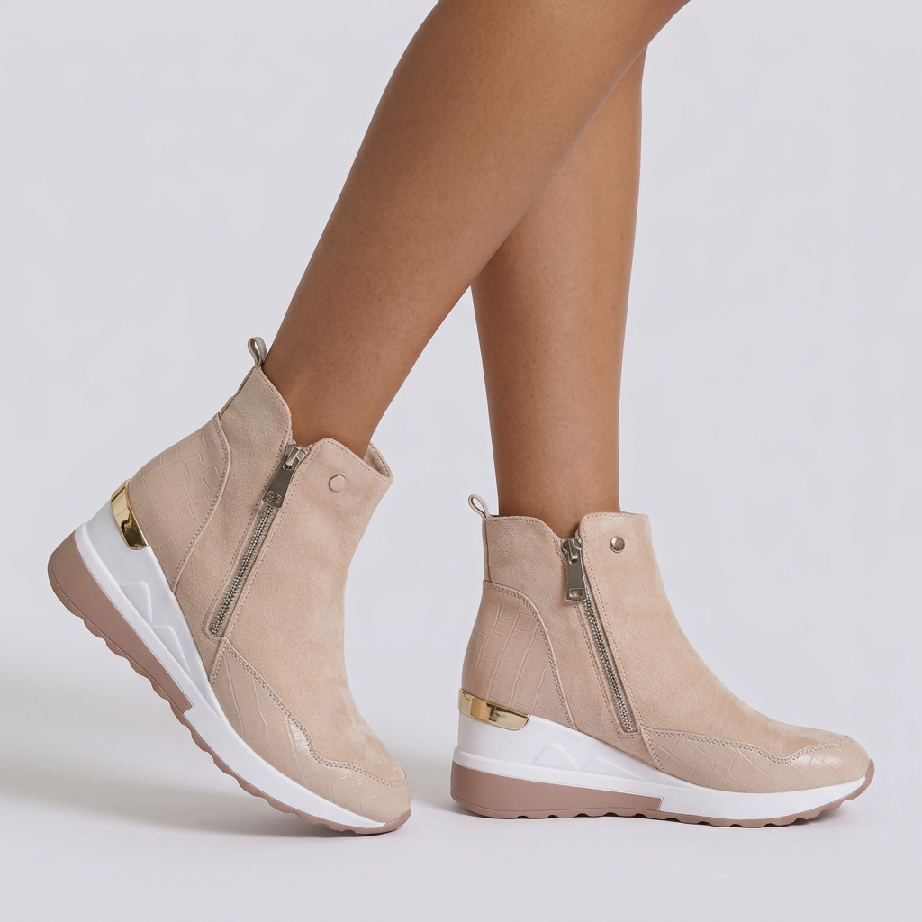 Botines Cuña Mujer Deportivos con Cremallera - Beige vista lateral
