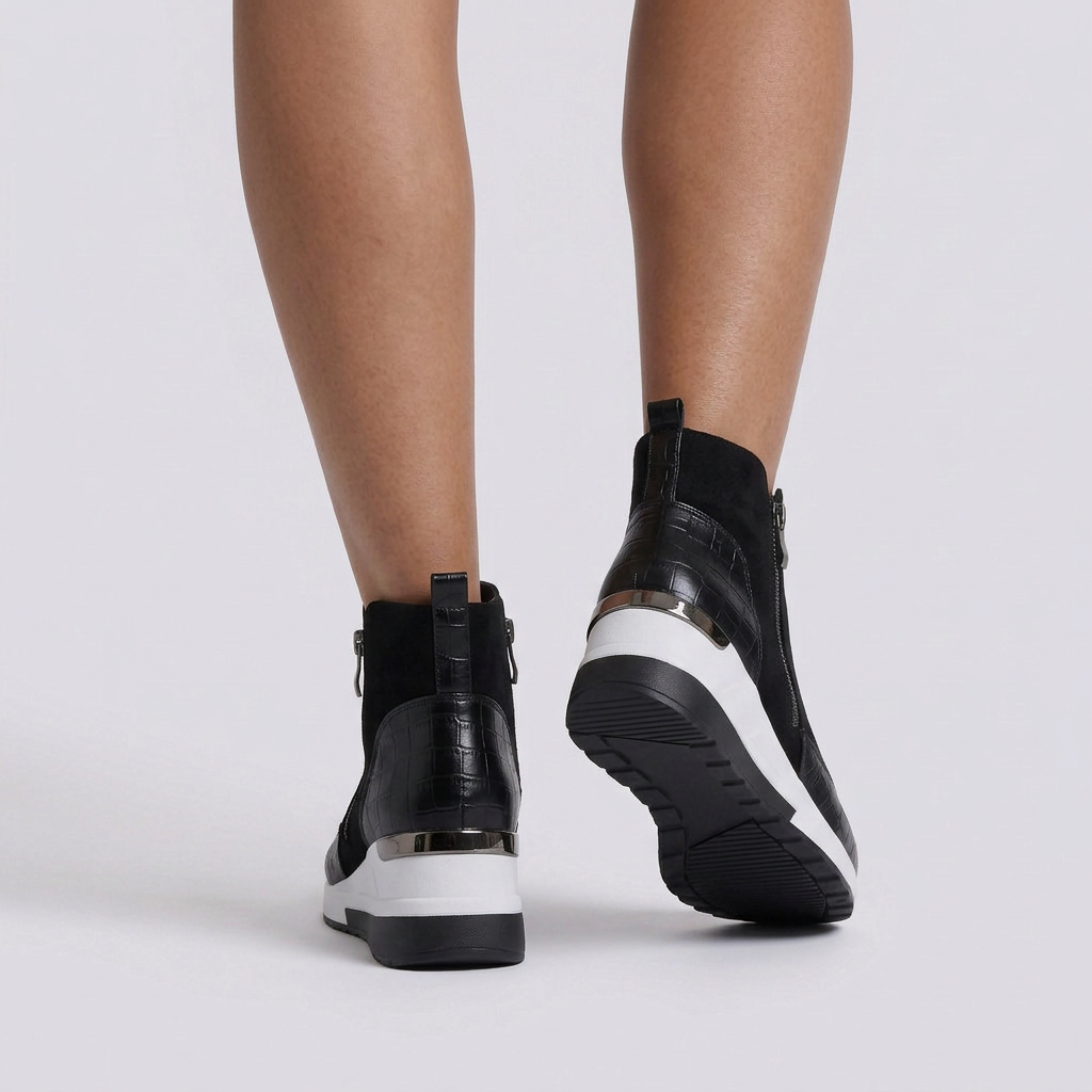 Botines Cuña Mujer Deportivos con Cremallera - Negro vista trasera