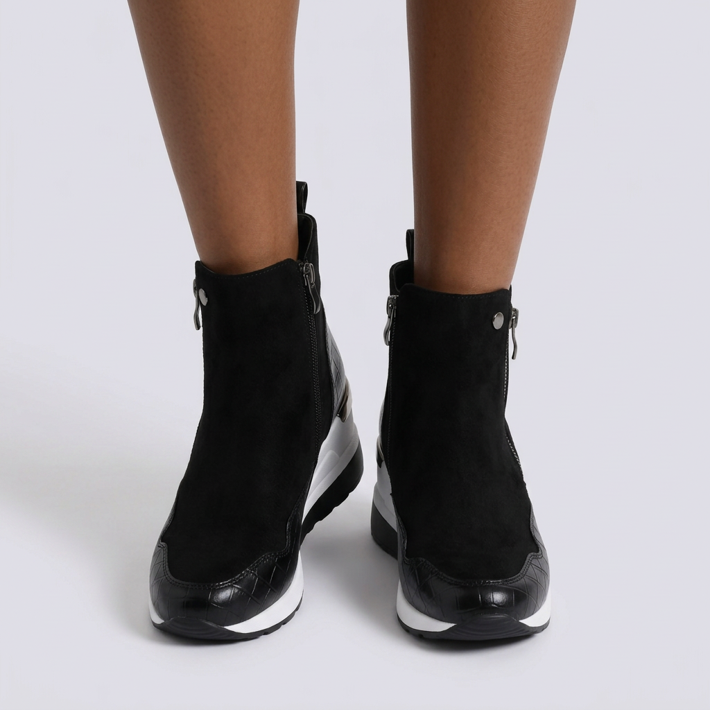 Botines Cuña Mujer Deportivos con Cremallera - Negro vista frontal