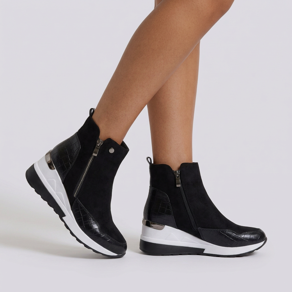Botines Cuña Mujer Deportivos con Cremallera - Negro vista lateral