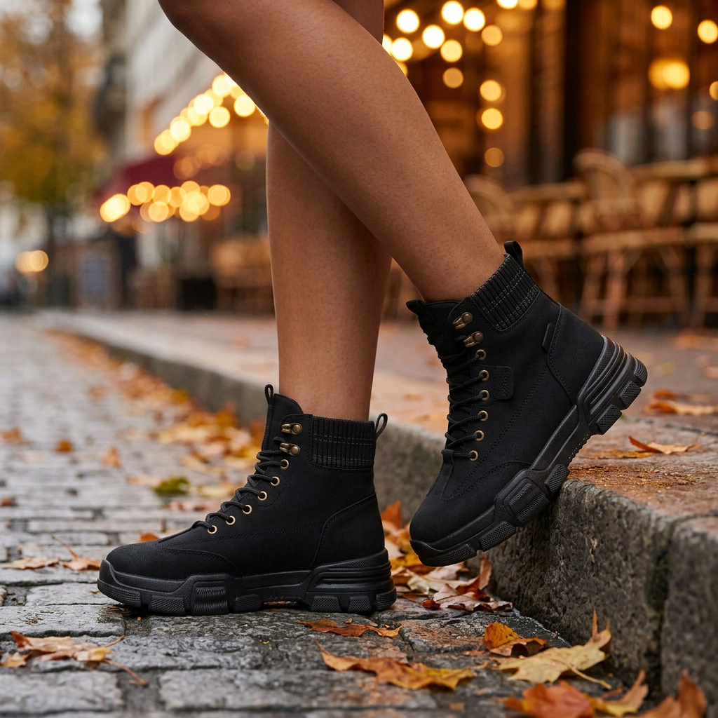 Botines militares mujer negro en calle otoñal