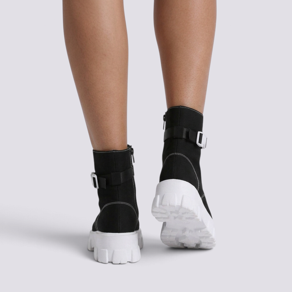 Botines Militares Mujer Lona con Plataforma - Negro - vista trasera