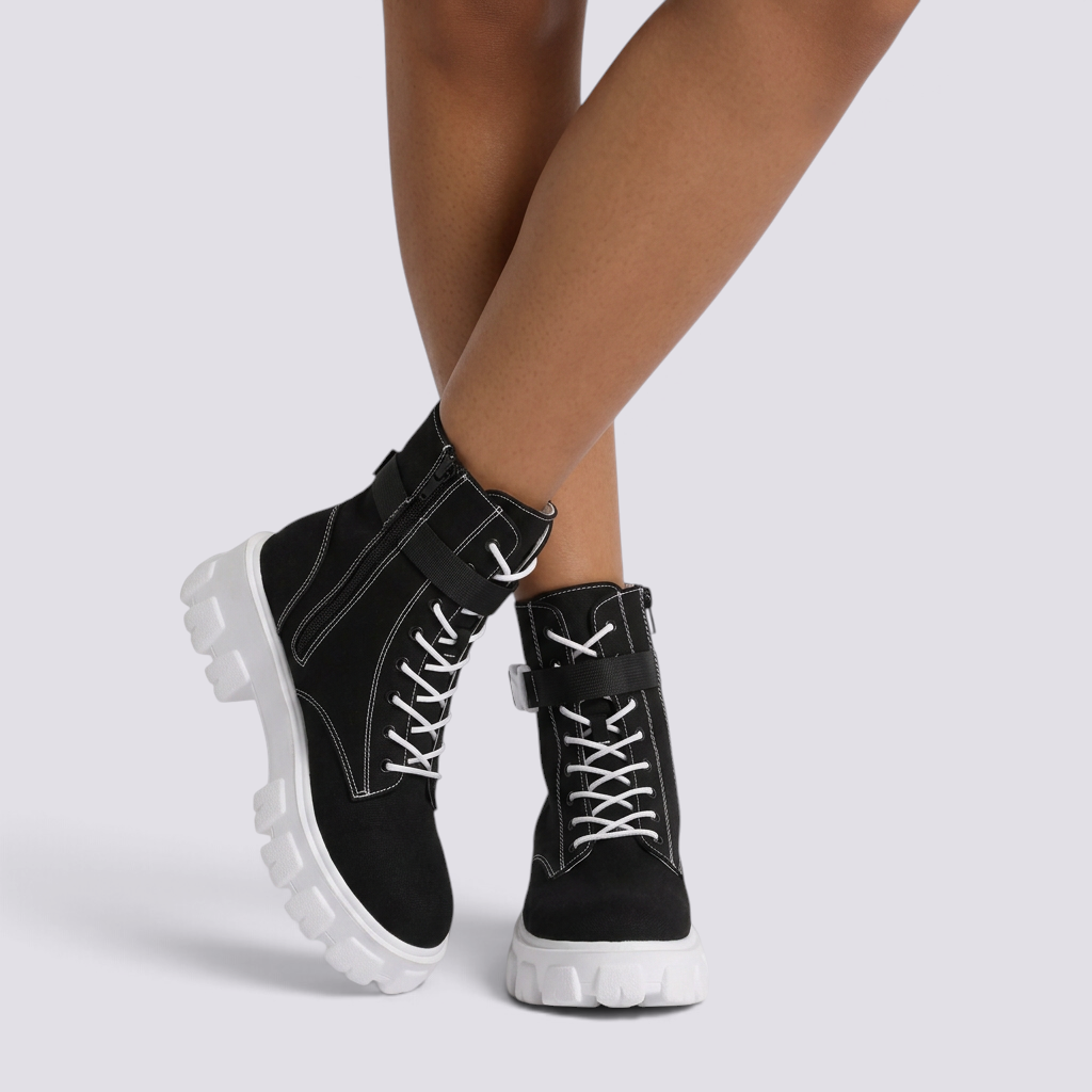 Botines Militares Mujer Lona con Plataforma - Negro - vista frontal