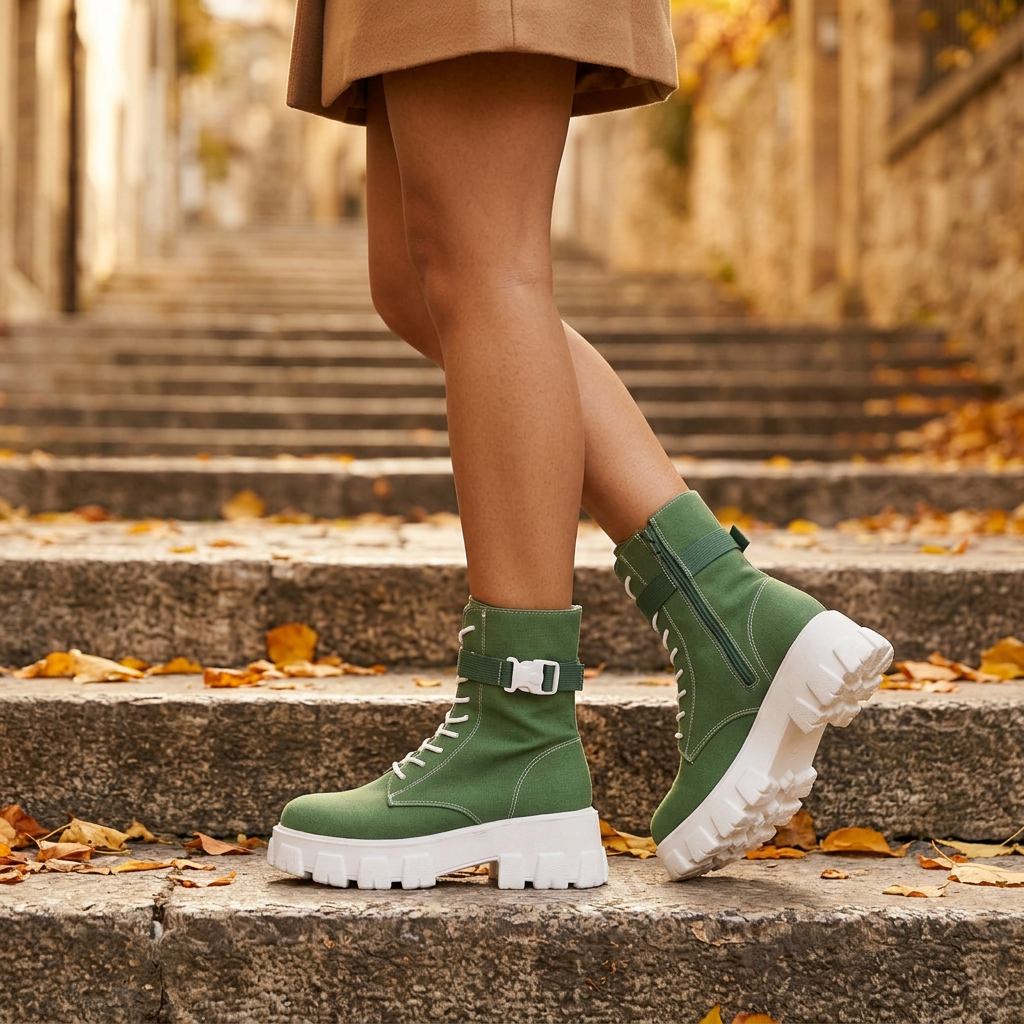 Botines Militares Mujer Lona con Plataforma - Verde - ambiente otoño