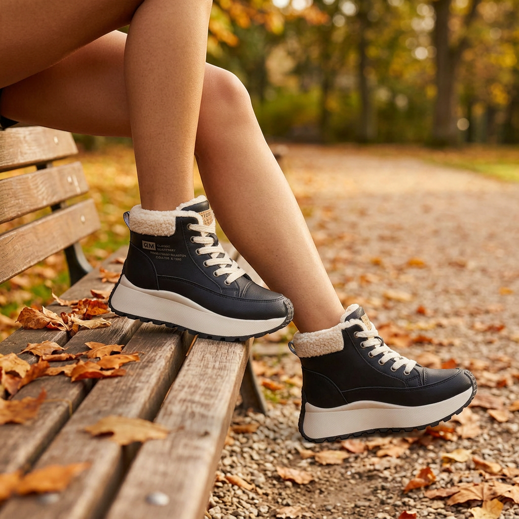 Botines Mujer Deportivos Forro Borreguito en un parque de otoño