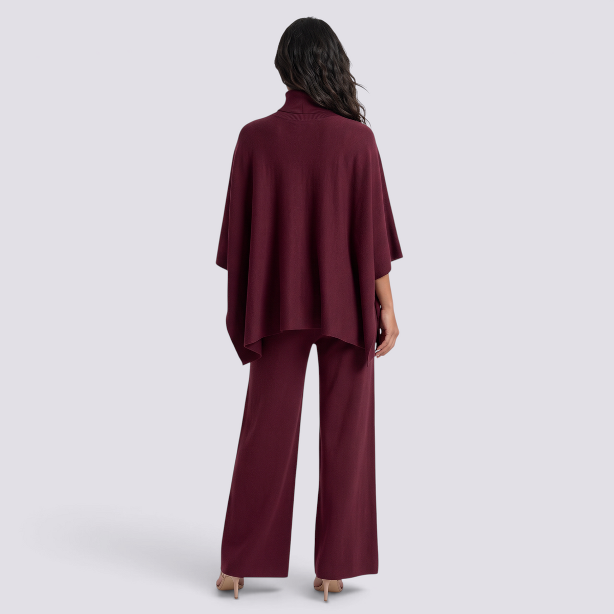 Conjunto Poncho Punto Mujer Pantalón Ancho - Burdeos - vista trasera