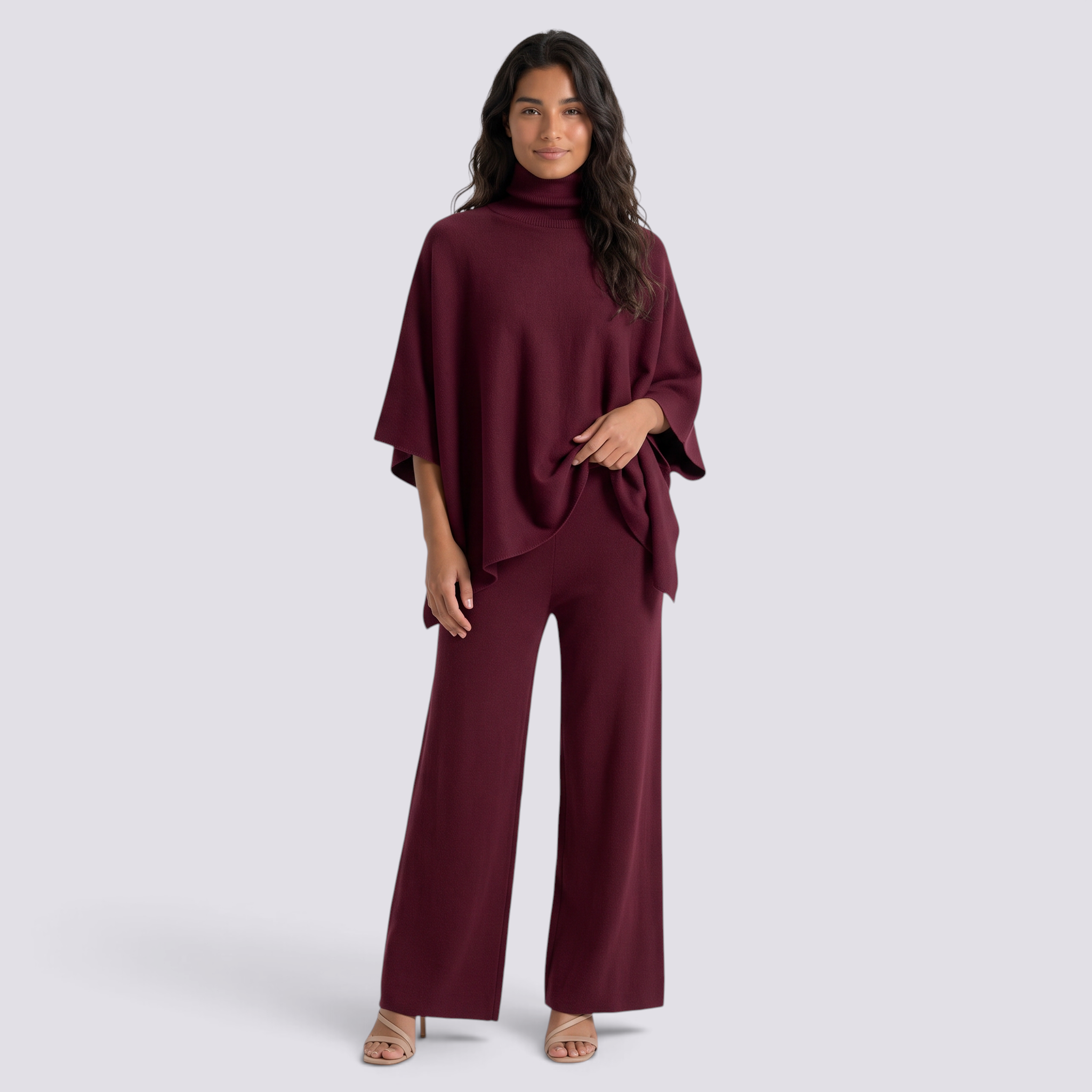 Conjunto Poncho Punto Mujer Pantalón Ancho - Burdeos - vista frontal